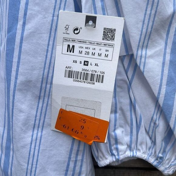 Zara Women's White Blue Stripes V-Neck Balloon Sleeve High Low Blouse Medium NWT - Picture 3 of 6